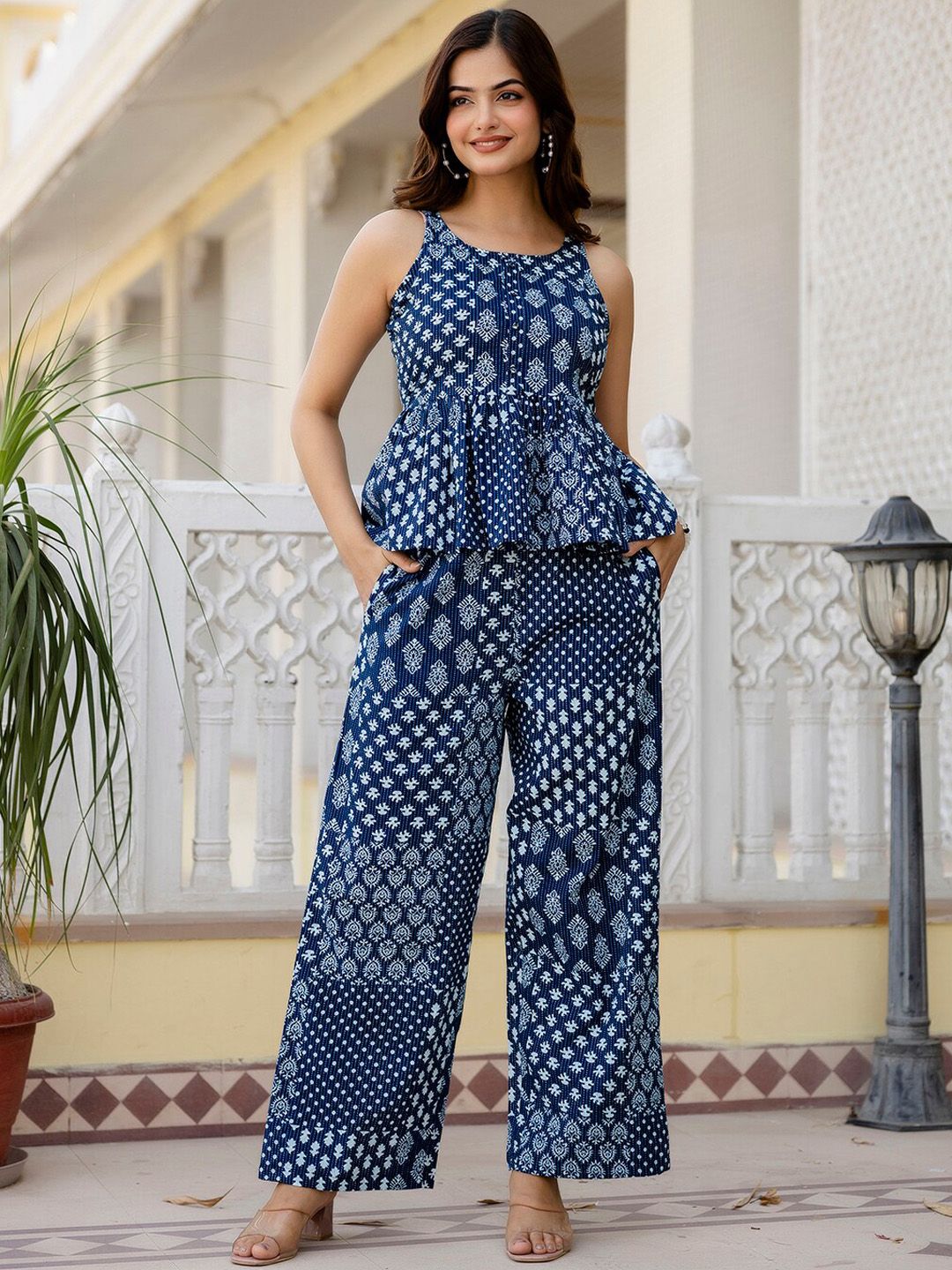 Nayo Printed Pure Cotton Peplum Top With Trousers Co-Ords