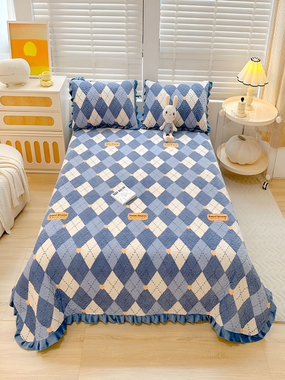 JC HOME Blue & Grey Geometric Printed 162 TC Double Queen Bed Cover & 2 Pillow Covers