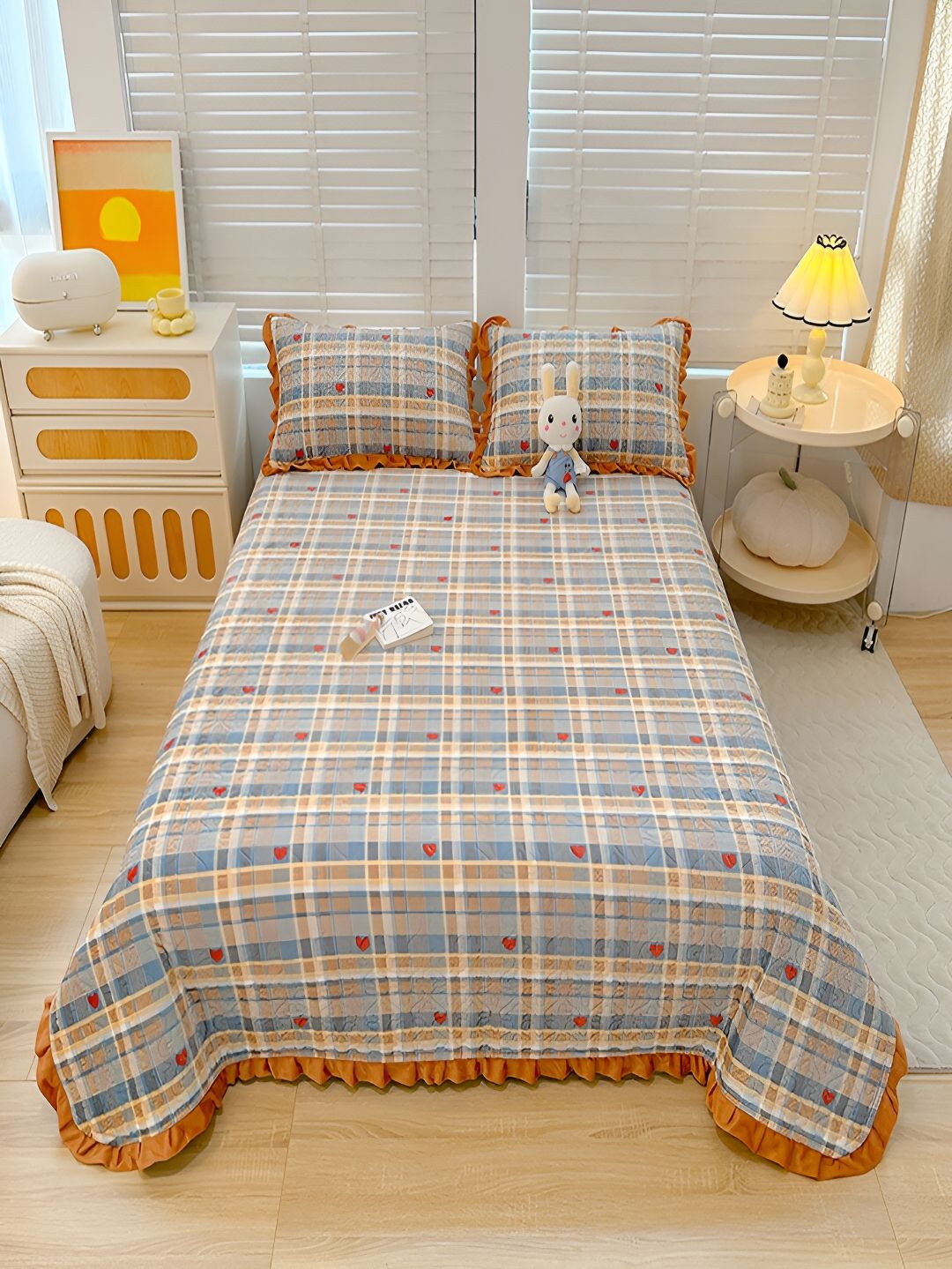 JC HOME White & Blue Printed 162 TC Double Queen Bed Cover With 2 Pillow Covers