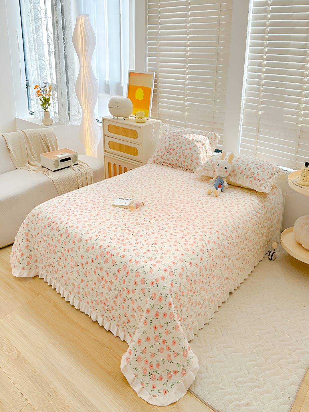 JC HOME White & Pink Floral 162 TC Double Queen Bed Cover With 2 Pillow Covers