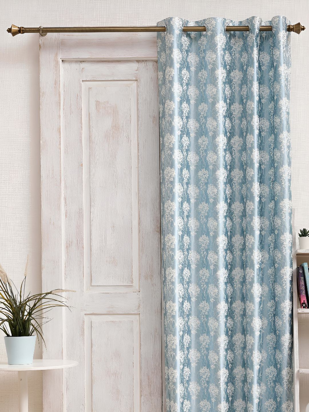Ariana Blue & White Floral Printed Room Darkening Window Curtain
