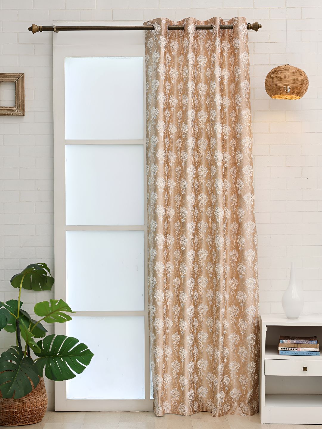 Ariana Coffee Brown & White Floral Printed Room Darkening Long Door Curtain