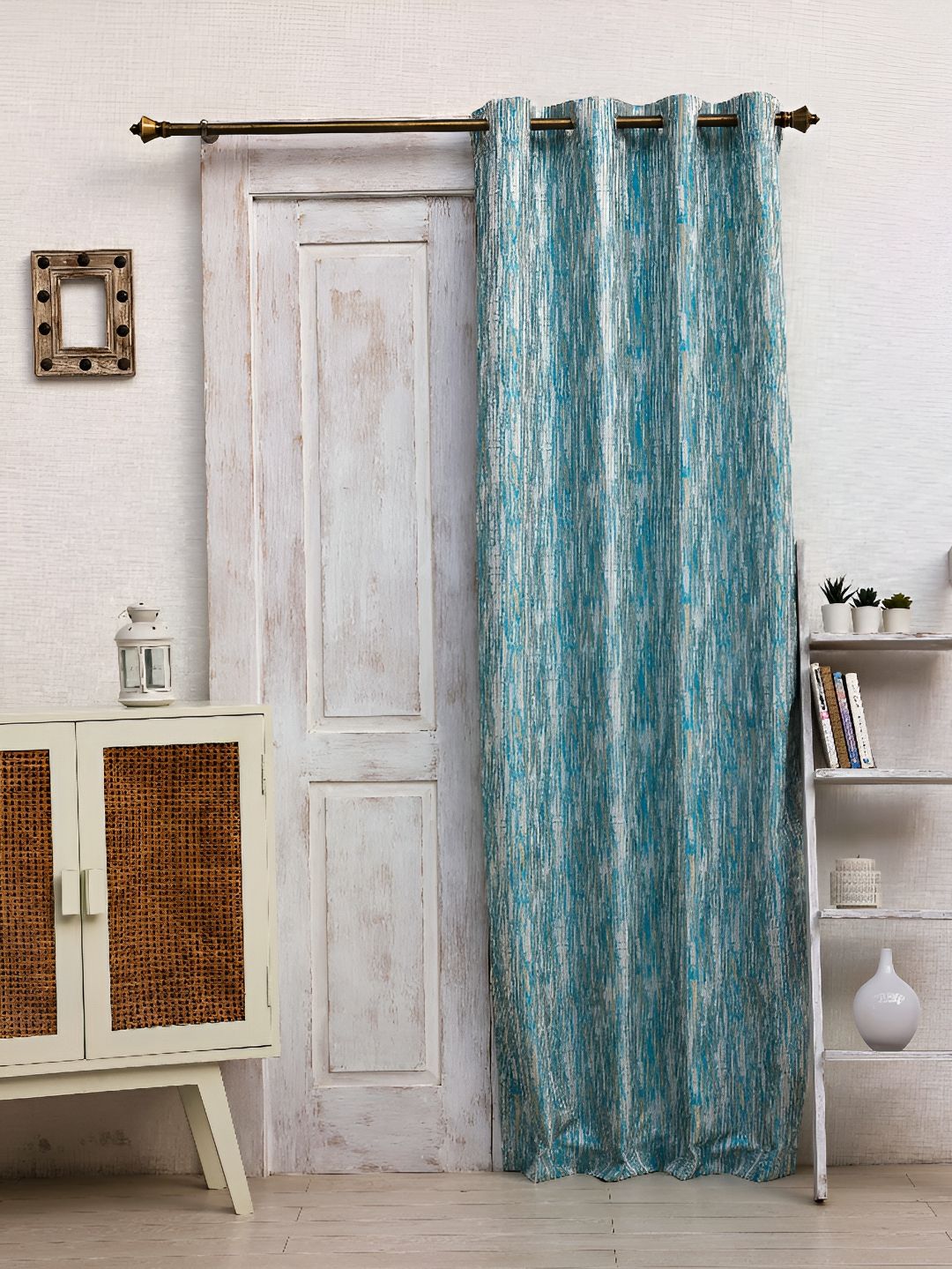 Ariana Turquoise Blue & White Abstract Jacquard Room Darkening Door Curtain