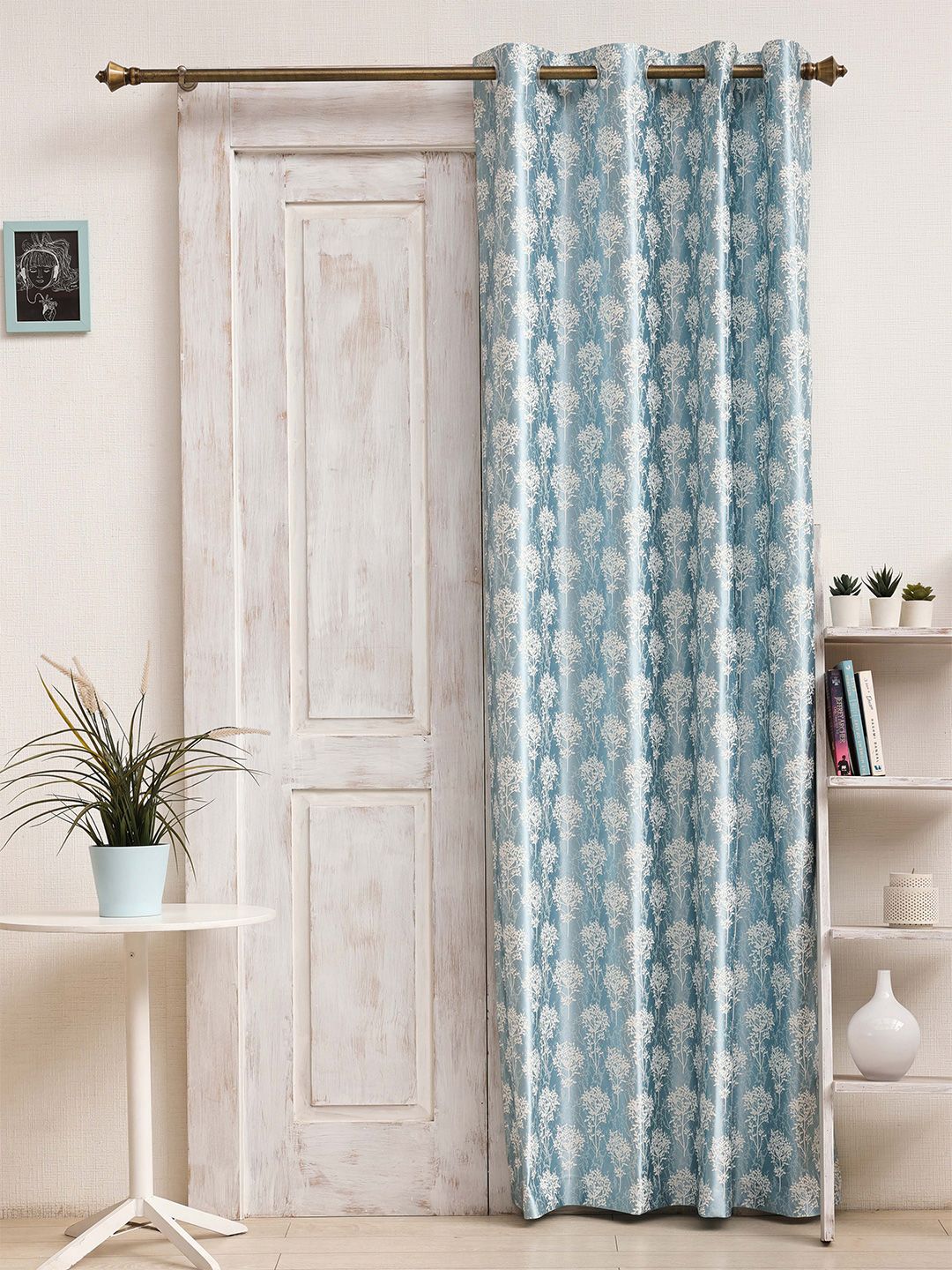 Ariana Blue White Floral Room Darkening Door Curtains