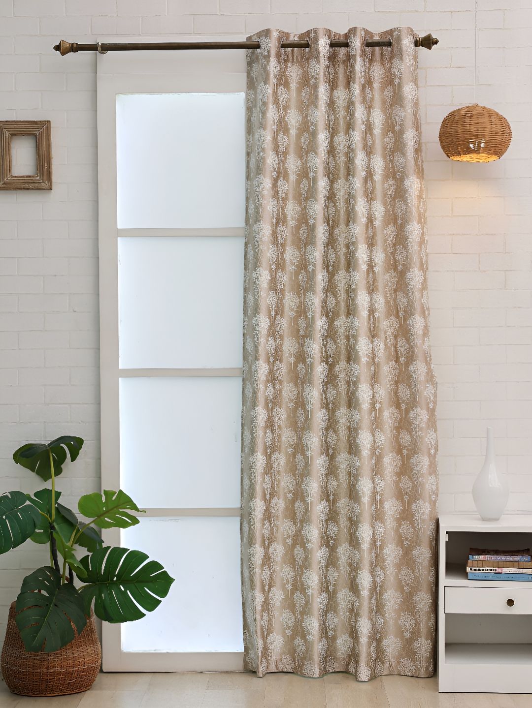 Ariana Beige & White Floral Room Darkening Long Door Curtain