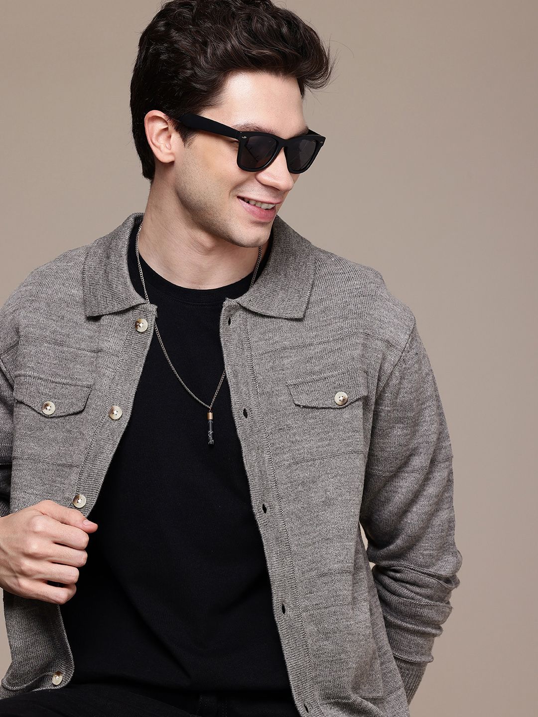 WROGN Shirt Collar Self-Design Front Open Sweater