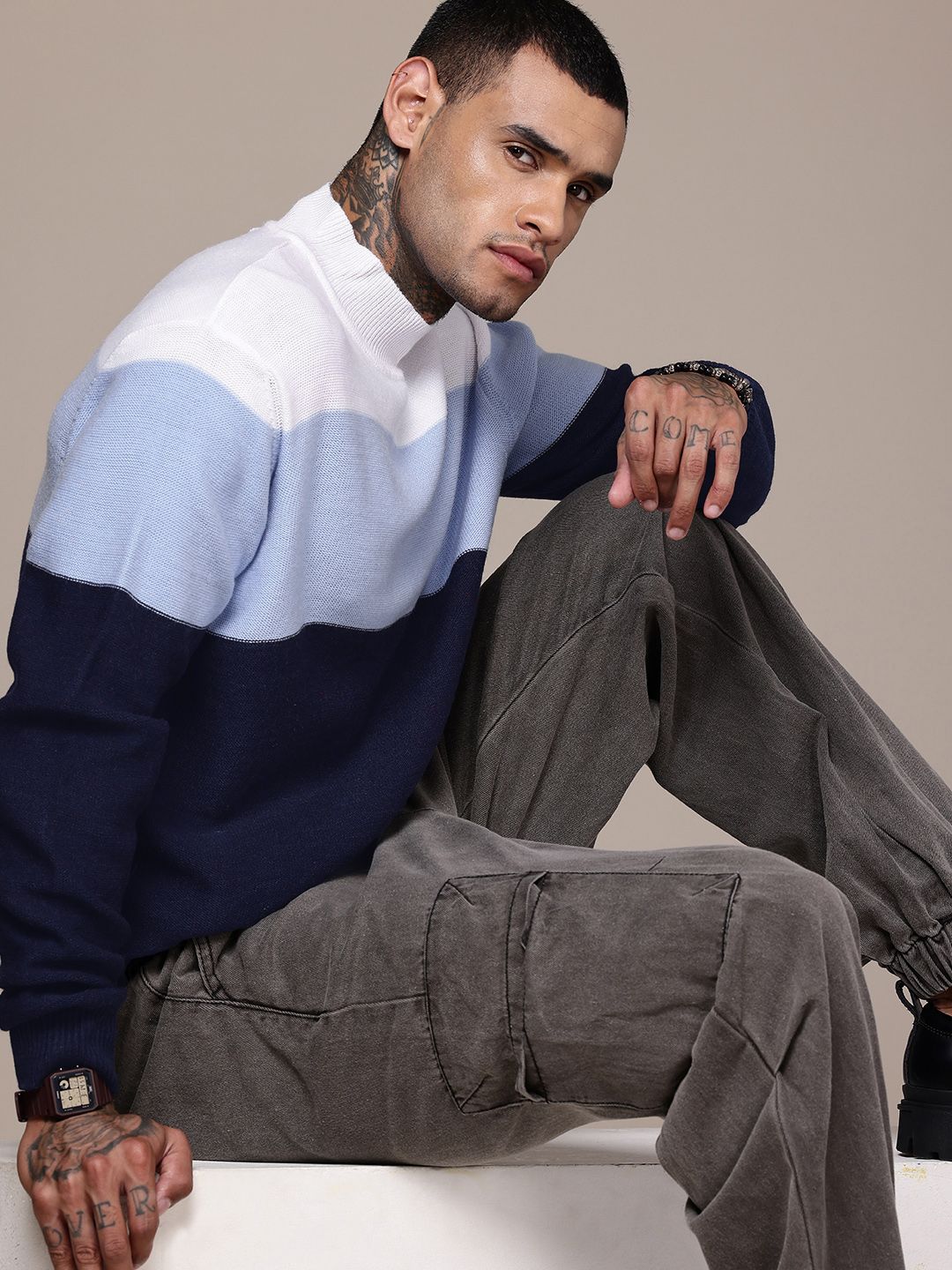 WROGN Colourblocked High Neck Pullover Sweater