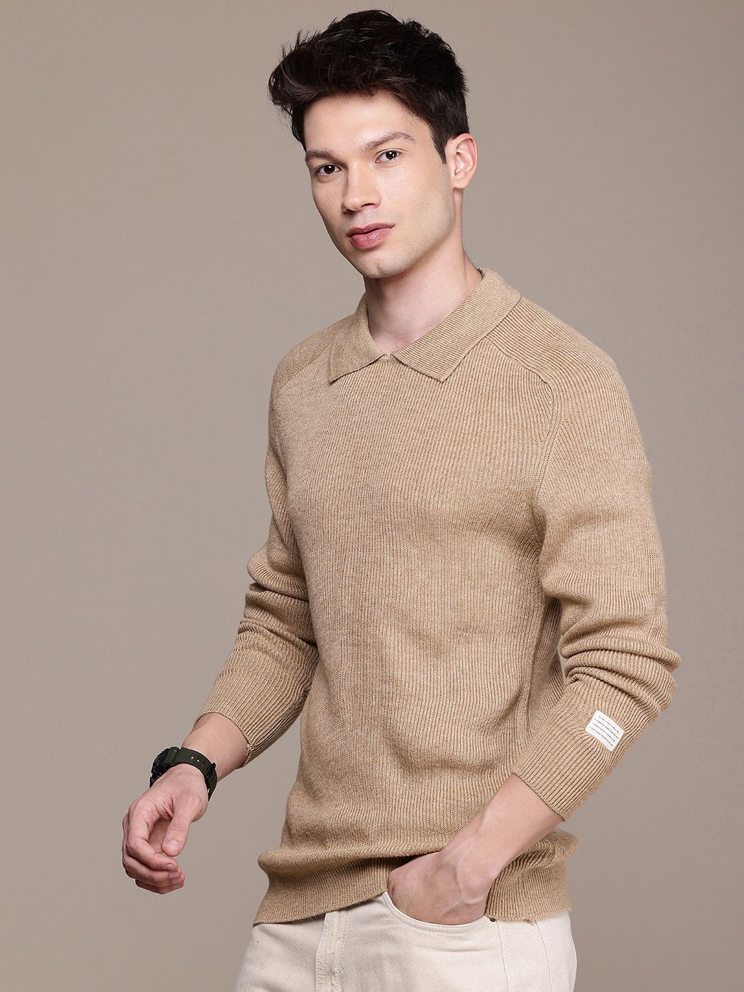 Buy WROGN Polo Collar Cable Knitted Pullover Sweater - Sweaters