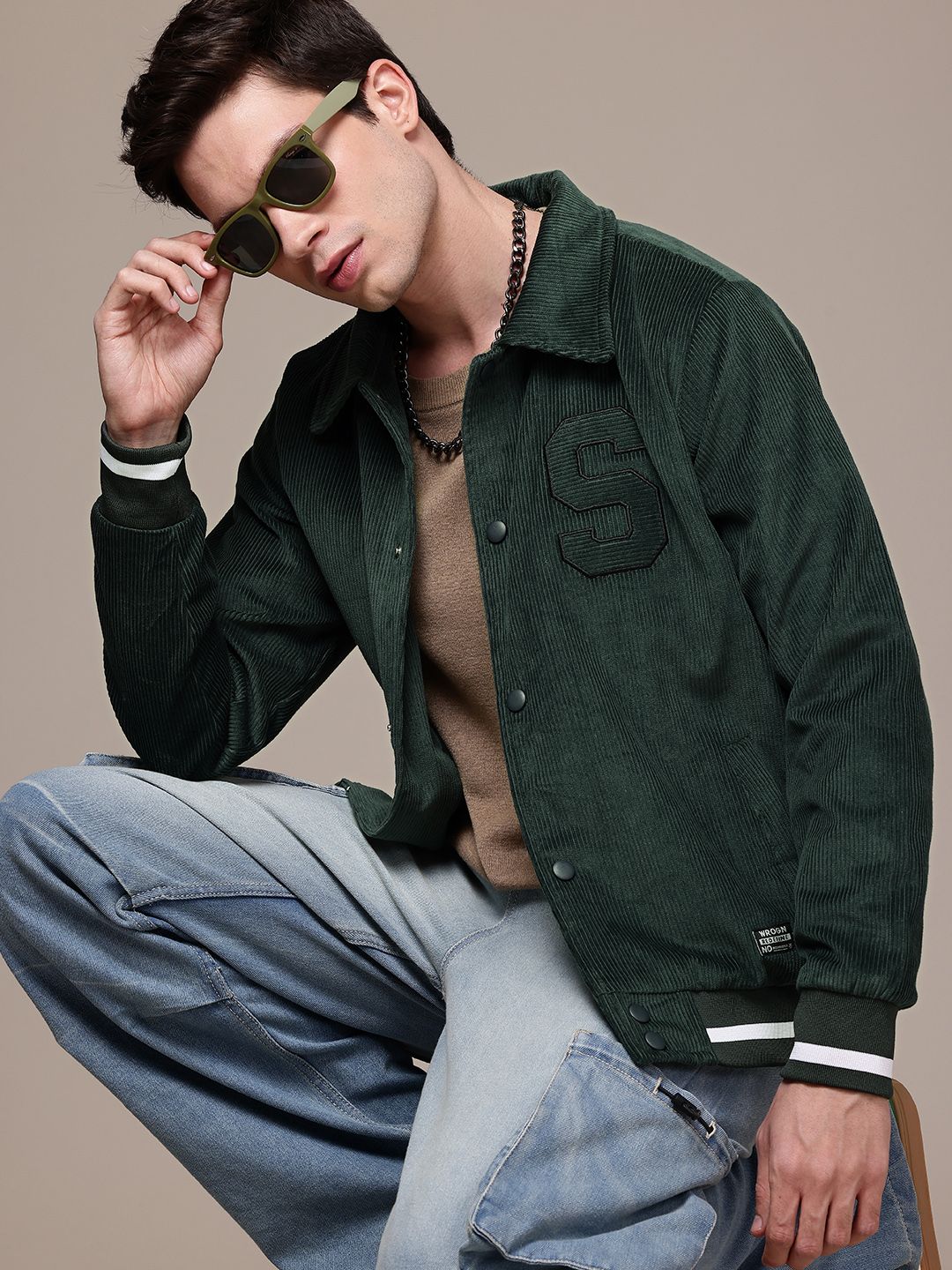 WROGN Cotton Embroidered Detail Corduroy Varsity Jacket