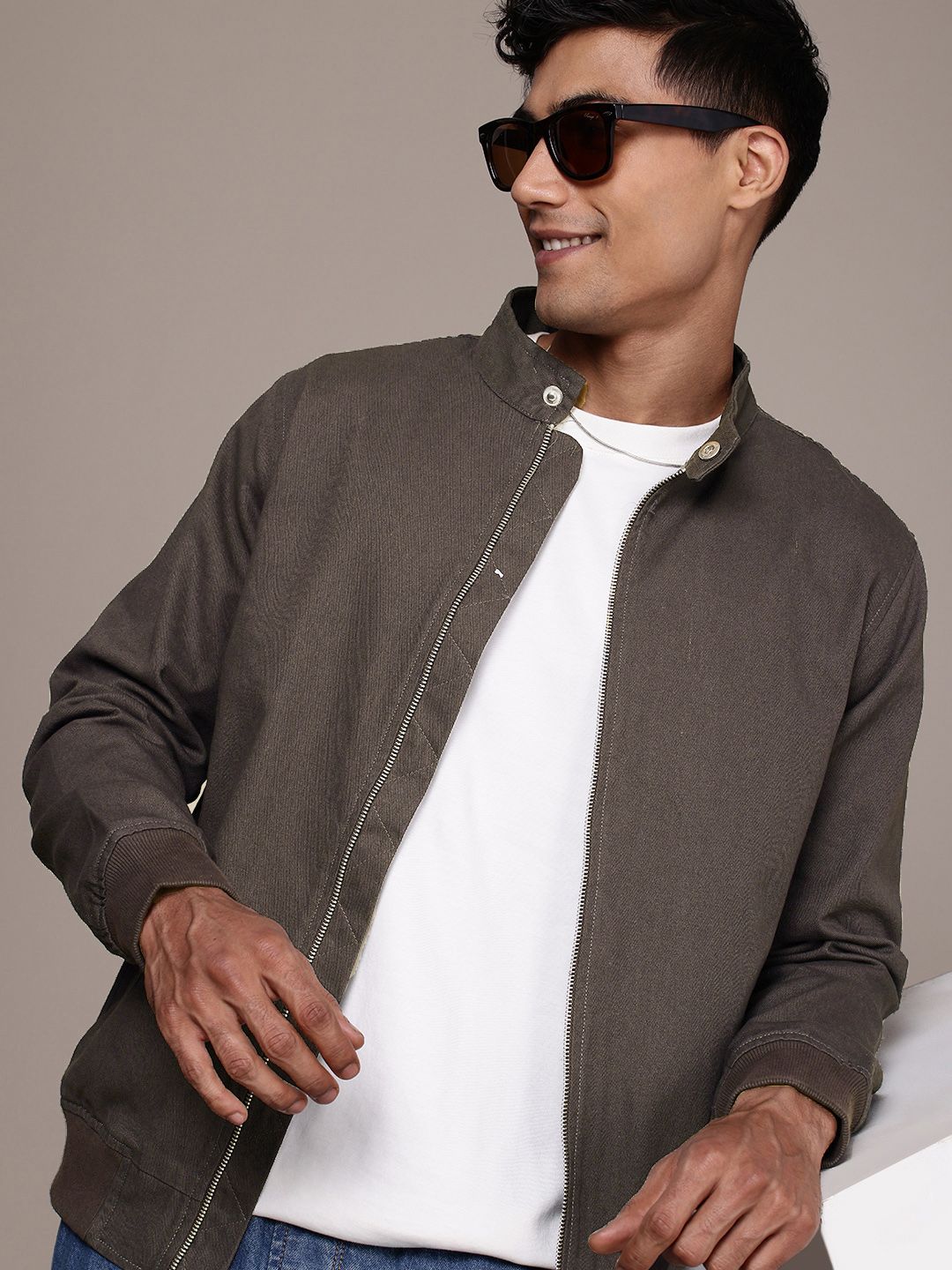 WROGN Cotton Comfort Fit Band Collar Bomber Jacket