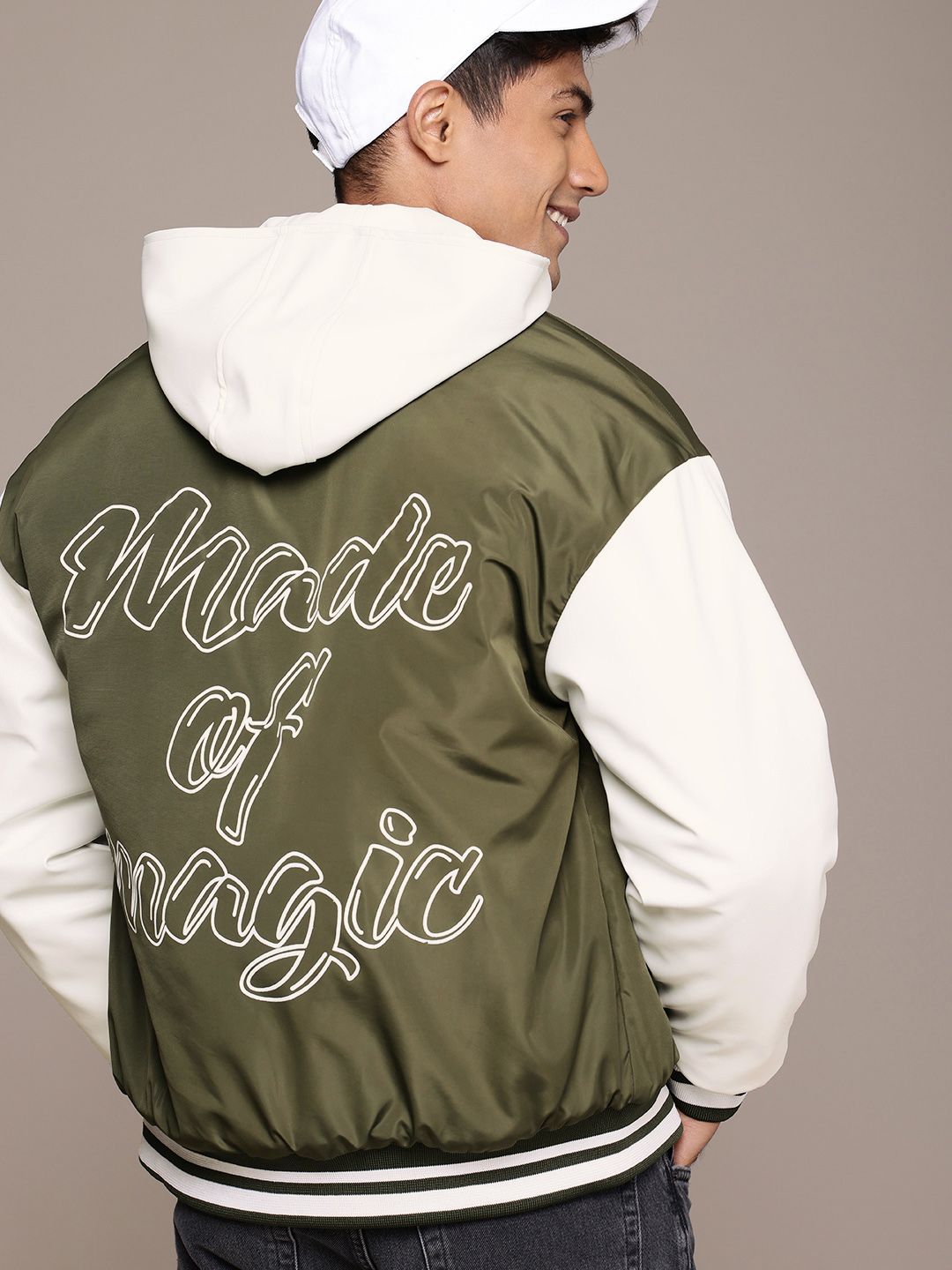 WROGN Embroidered Detail Typography Hooded Padded Relaxed Fit Varsity Jacket