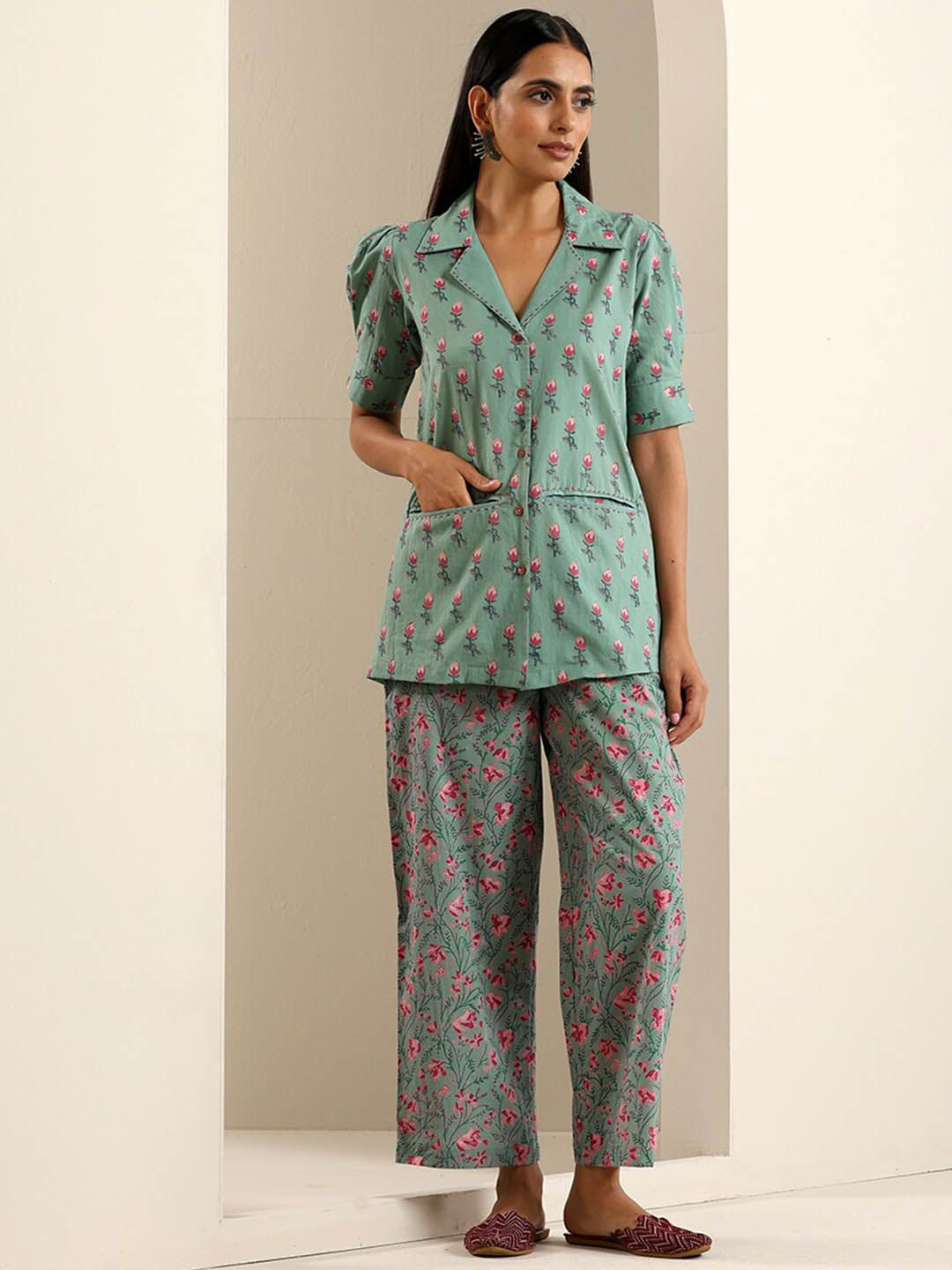 indy Raaga Women Floral Printed Pure Cotton Shirt With Trousers Co-Ords