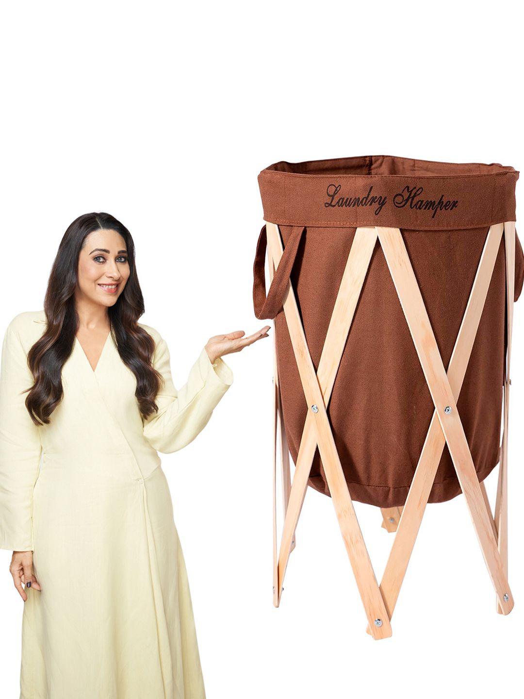 HOKIPO Brown Cotton Laundry Bag With Wooden Stand 80 L