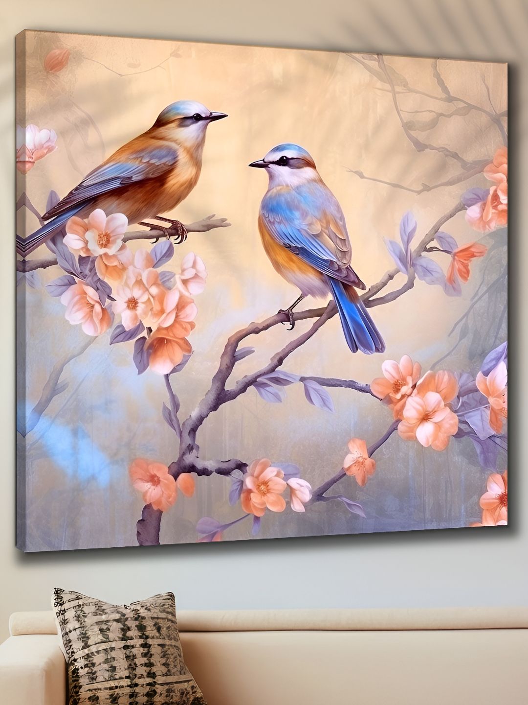 SAF SAF Blue & Peach-Coloured Wooden Floral and Botanical Paintings Wall Art