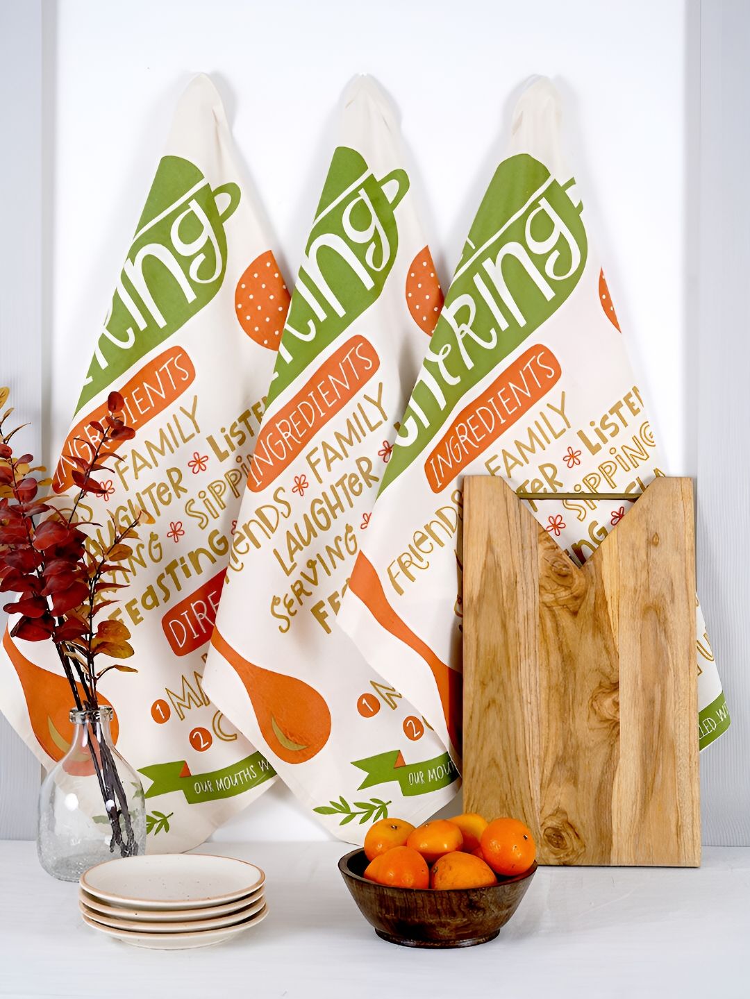 Ratan Cart 3-Pcs Off-White & Orange Printed Cotton Kitchen Towels
