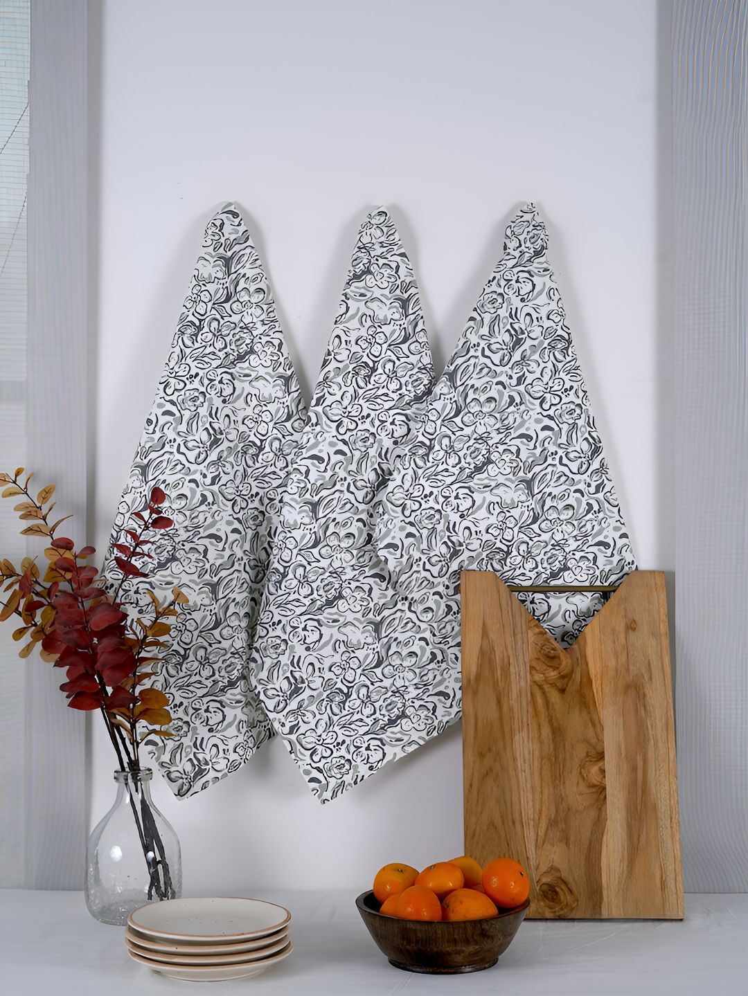 Ratan Cart 3-Pcs Grey Printed Cotton Kitchen Towels