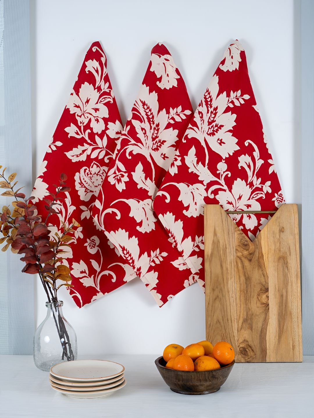 Ratan Cart 3-Pcs Red  & White Floral Printed Cotton Kitchen Towels