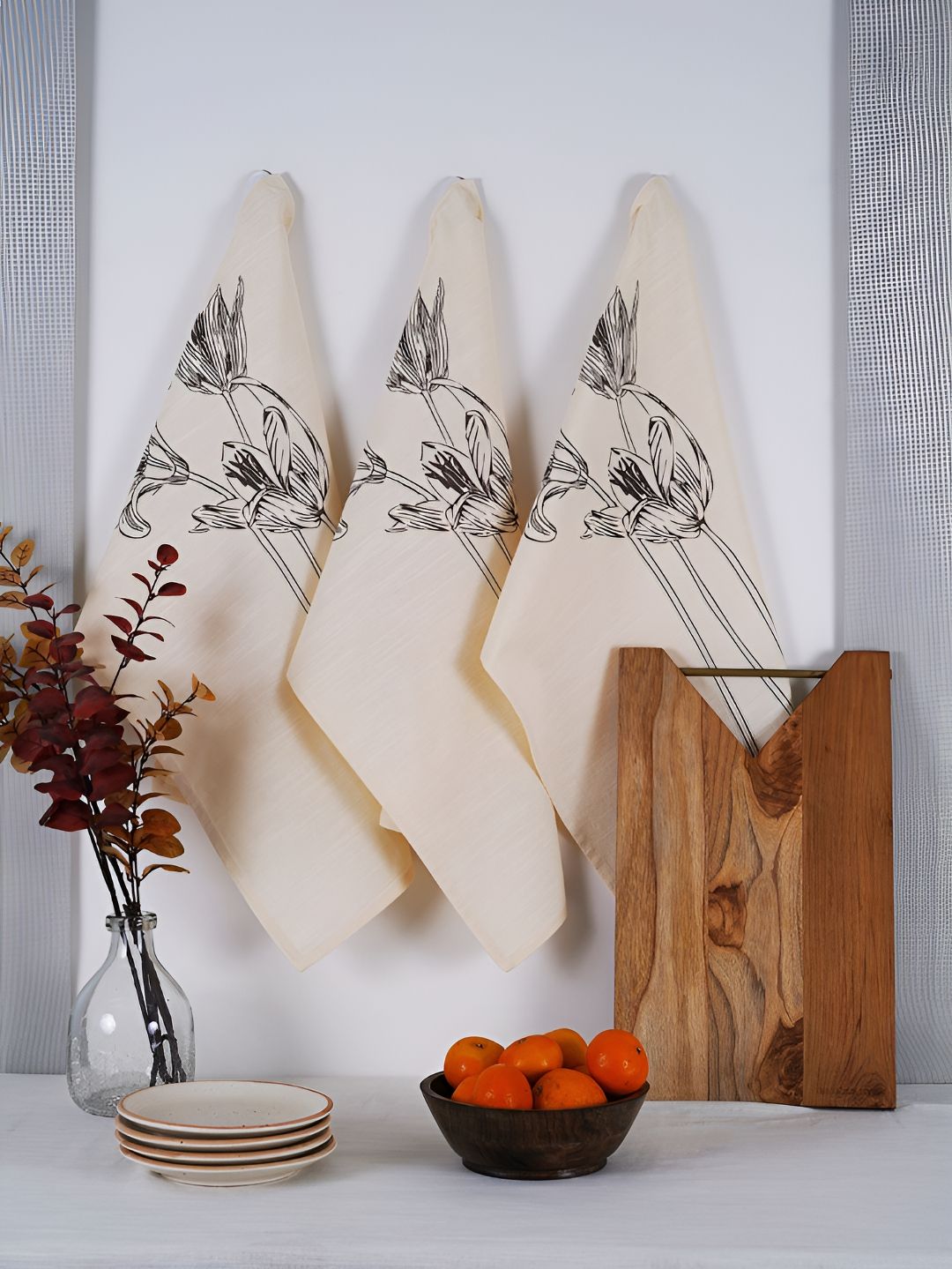 Ratan Cart 3-Pcs Beige Printed Cotton Kitchen Towels