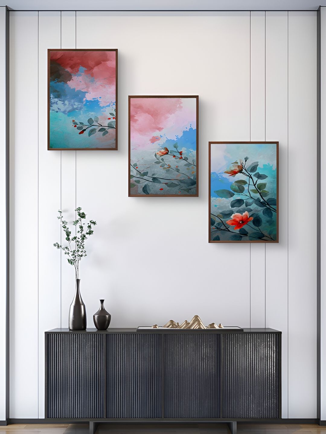 999Store Flower Pink Paper 3 Pcs Wall Living Room Rectangle Paintings Wall Art -15 x 10In