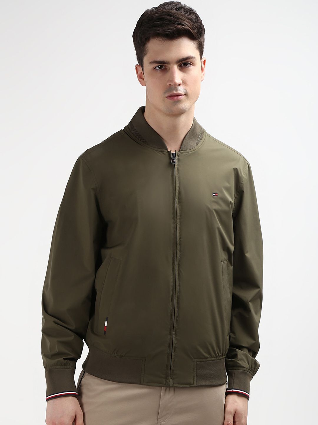 Tommy Hilfiger Men Brown Solid Stand Collar Full Sleeves Open Front Jacket