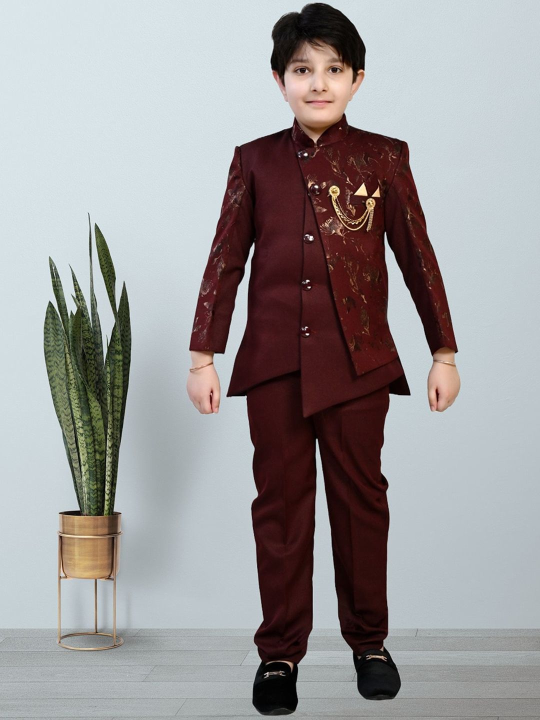 BAESD Boys Ethnic Self Design Mandarin Collar Sherwani Set Color Maroon Size 2-3 Years