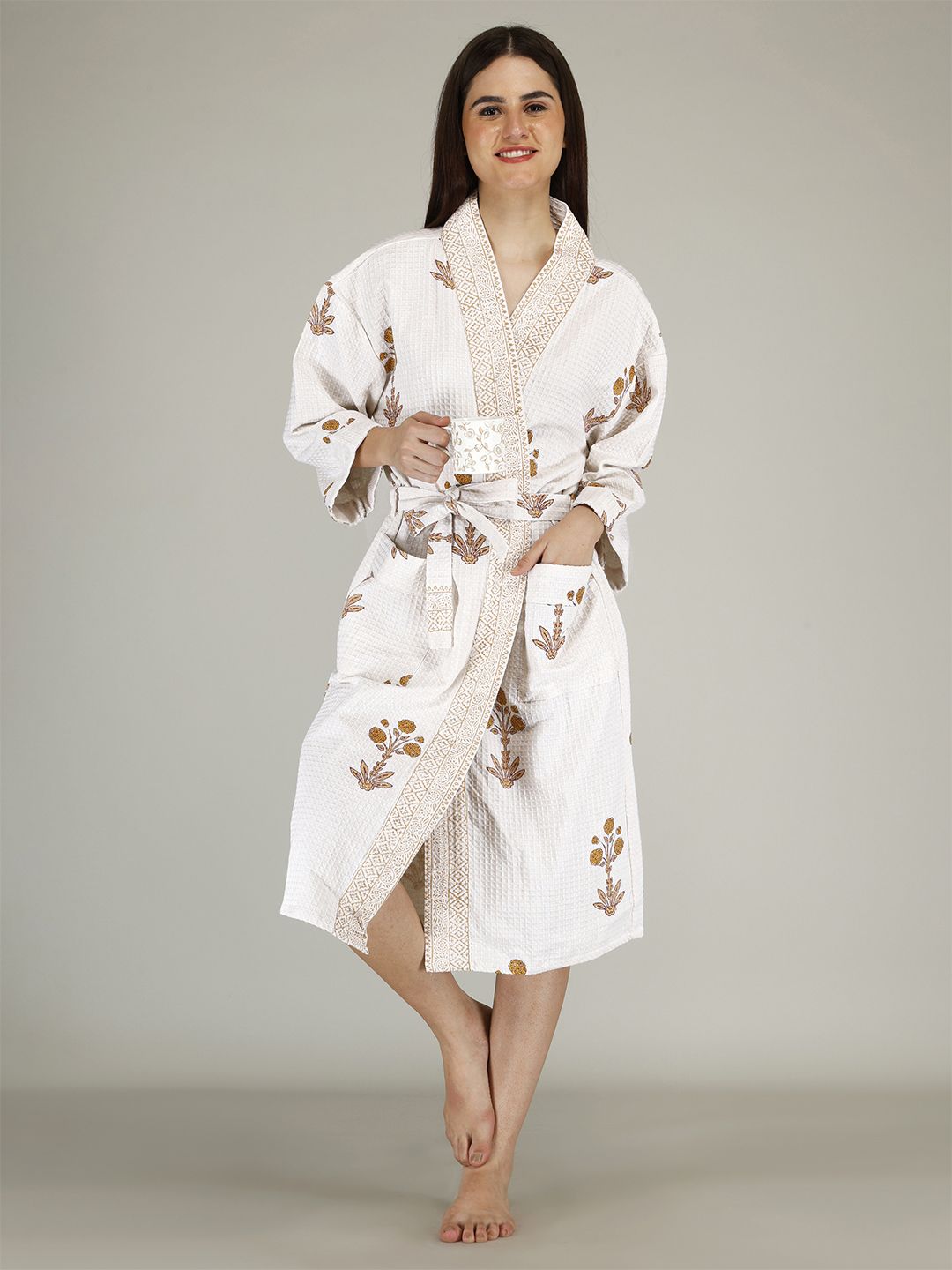 LIVING ROOTS Waffle Handblock White Floral Cotton Drawstring Midi Bath Robe