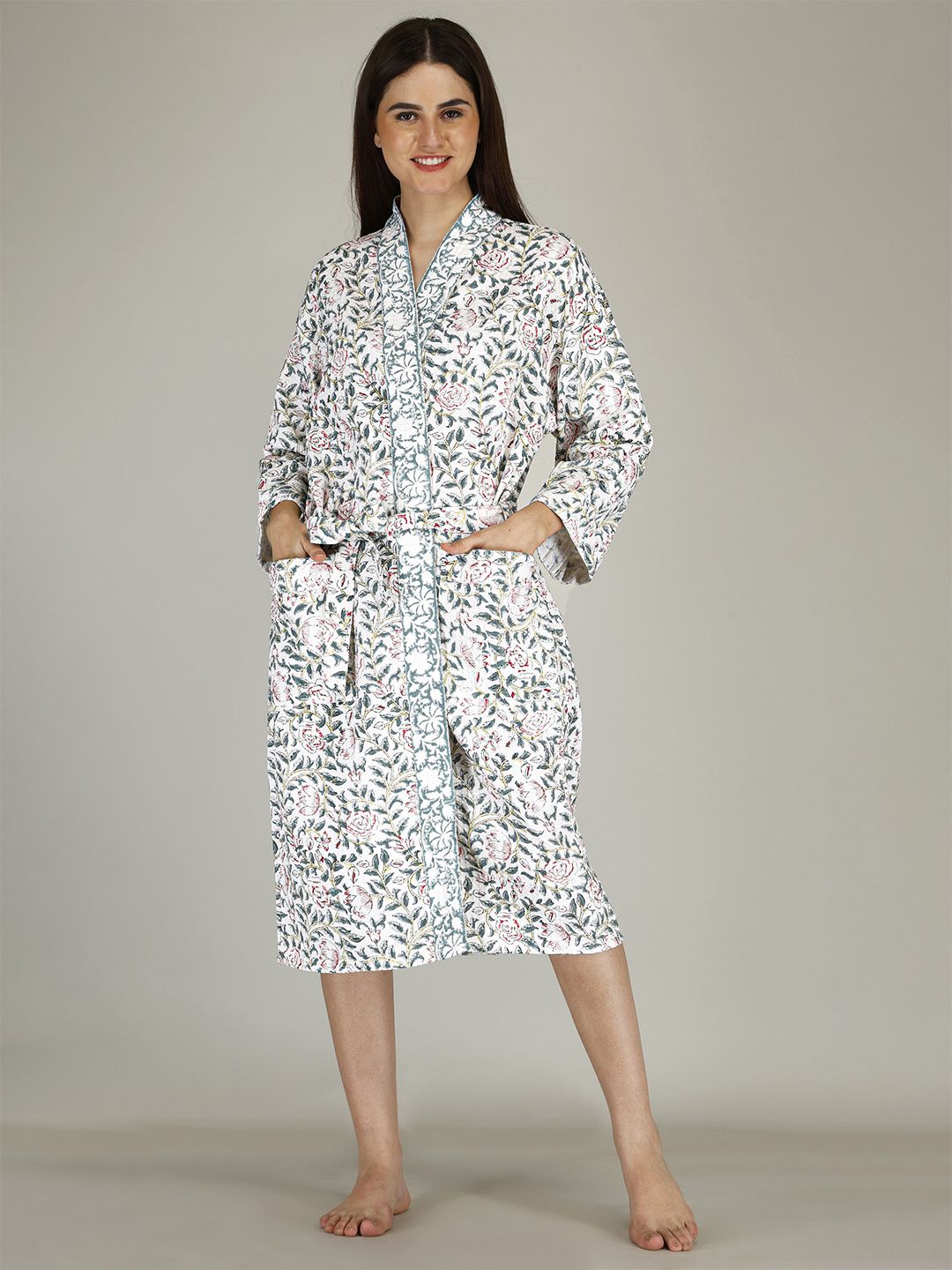 LIVING ROOTS Unisex Luxury Jaipur Block Printed Premium Waffle Cotton, Quick Dry Bathrobe