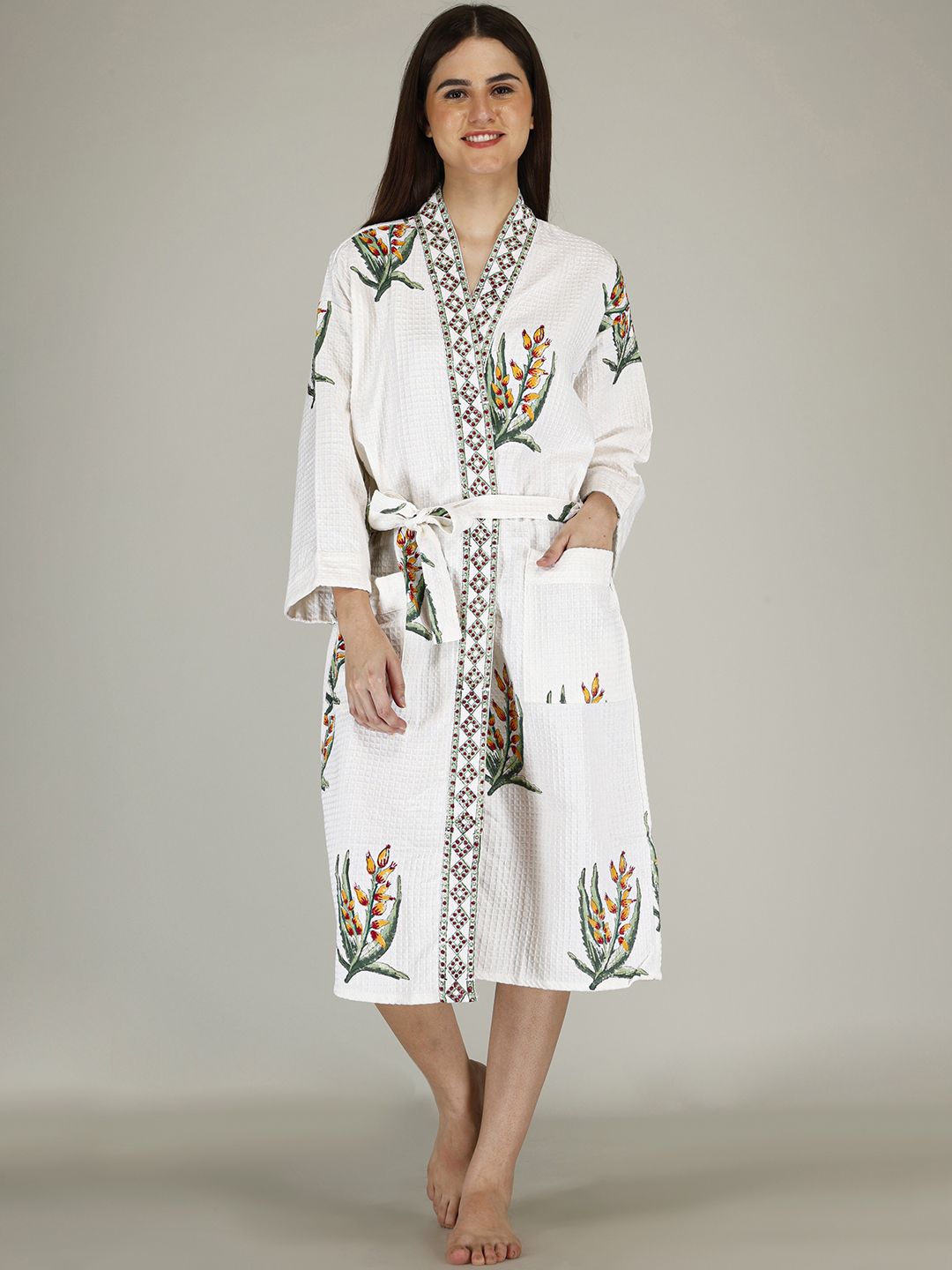 LIVING ROOTS Waffle Handblock White Floral Cotton Drawstring Midi Bath Robe