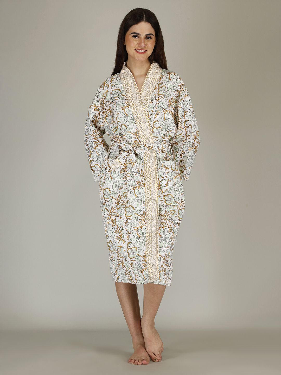 LIVING ROOTS Waffle Handblock White Floral Cotton Drawstring Midi Bath Robe