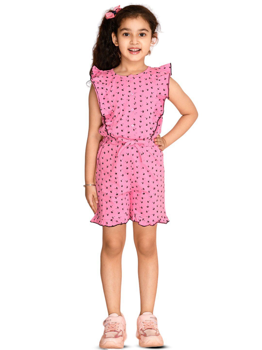 Kids Cave Girls Floral Printed Pure Cotton Jumpsuit With Ruffles