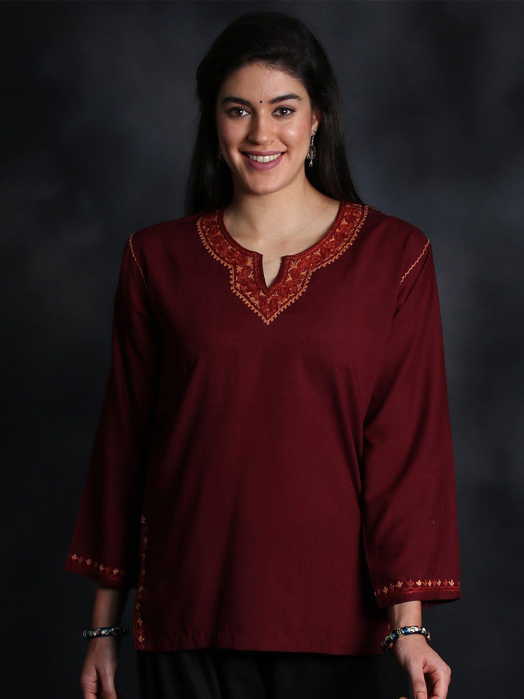 Exotic India Ethnic Motifs Embroidered V-Neck Thread Work Pure Cotton Kurti