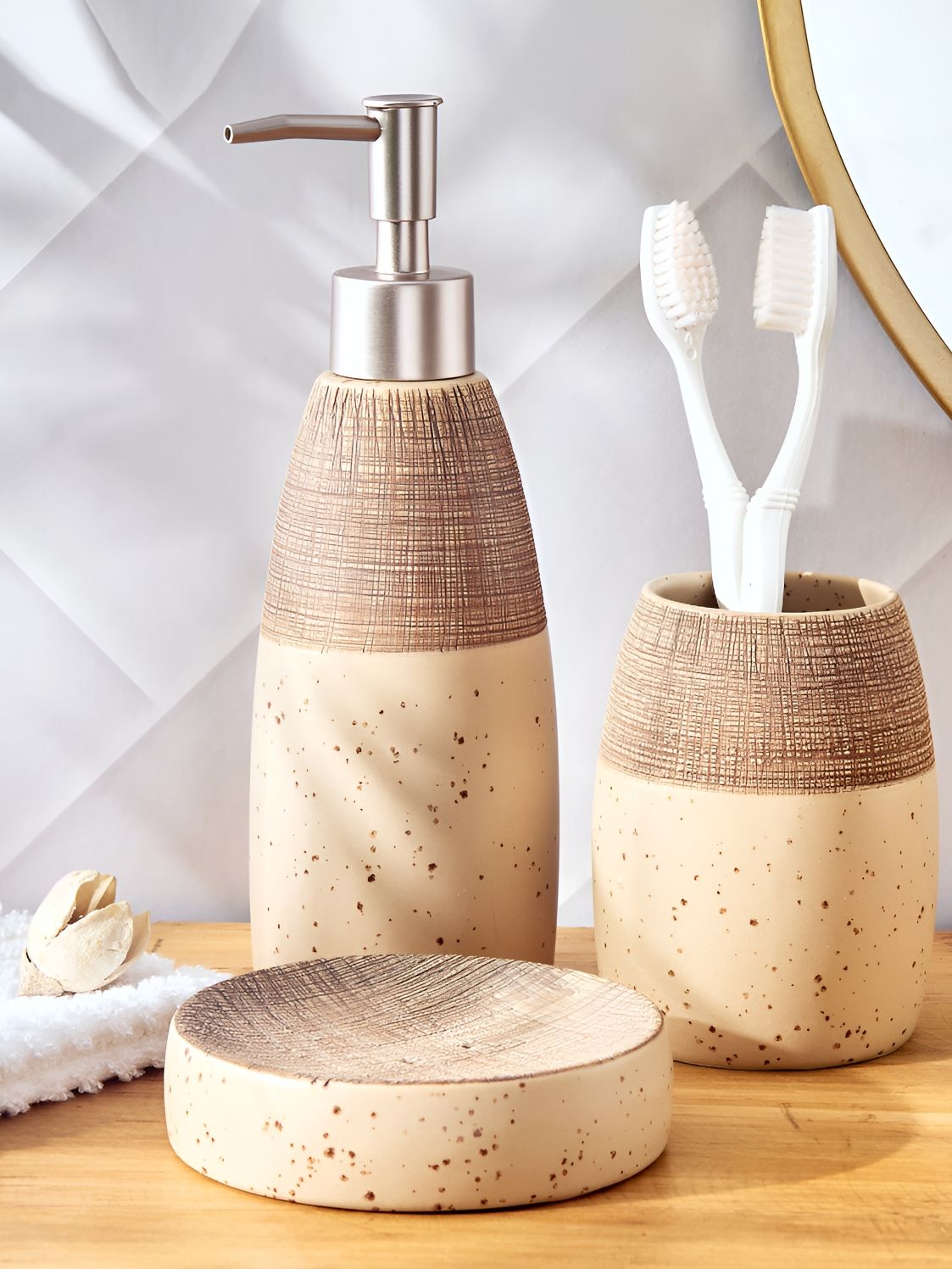 Home Centre Beige & Brown Pack Of 3 Textured Ceramic Bath Accessories Set