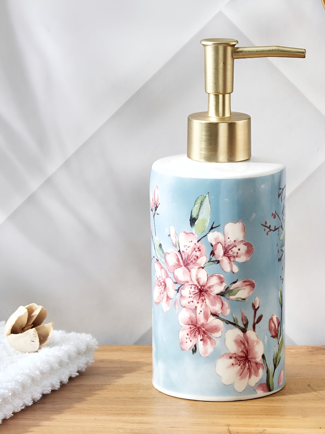 Home Centre Blue & Pink Floral Ceramic Printed Soap Dispenser - 350ml