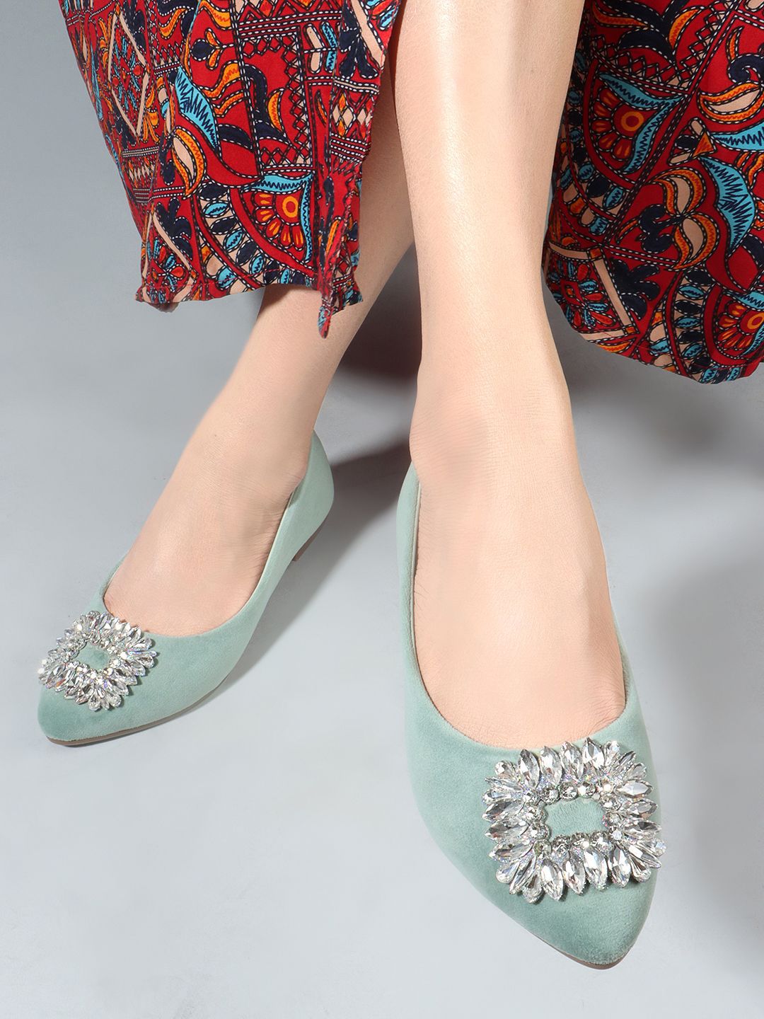 DressBerry Sea Green Embellished Pointed Toe Ballerinas