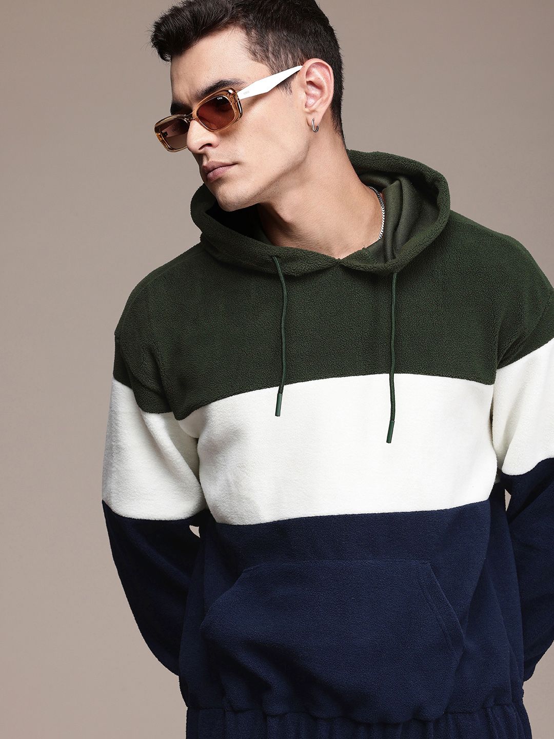 The Roadster Life Co. Colourblocked Hooded Fuzzy Sweatshirt
