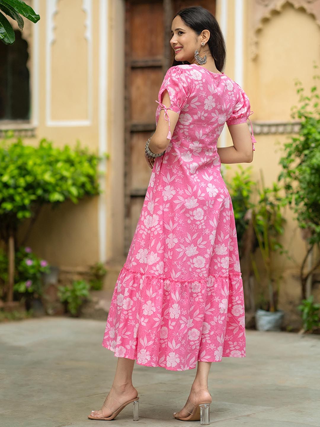 Buy GAYRAA Floral Printed Tie-Up Neck Cotton A-Line Dress