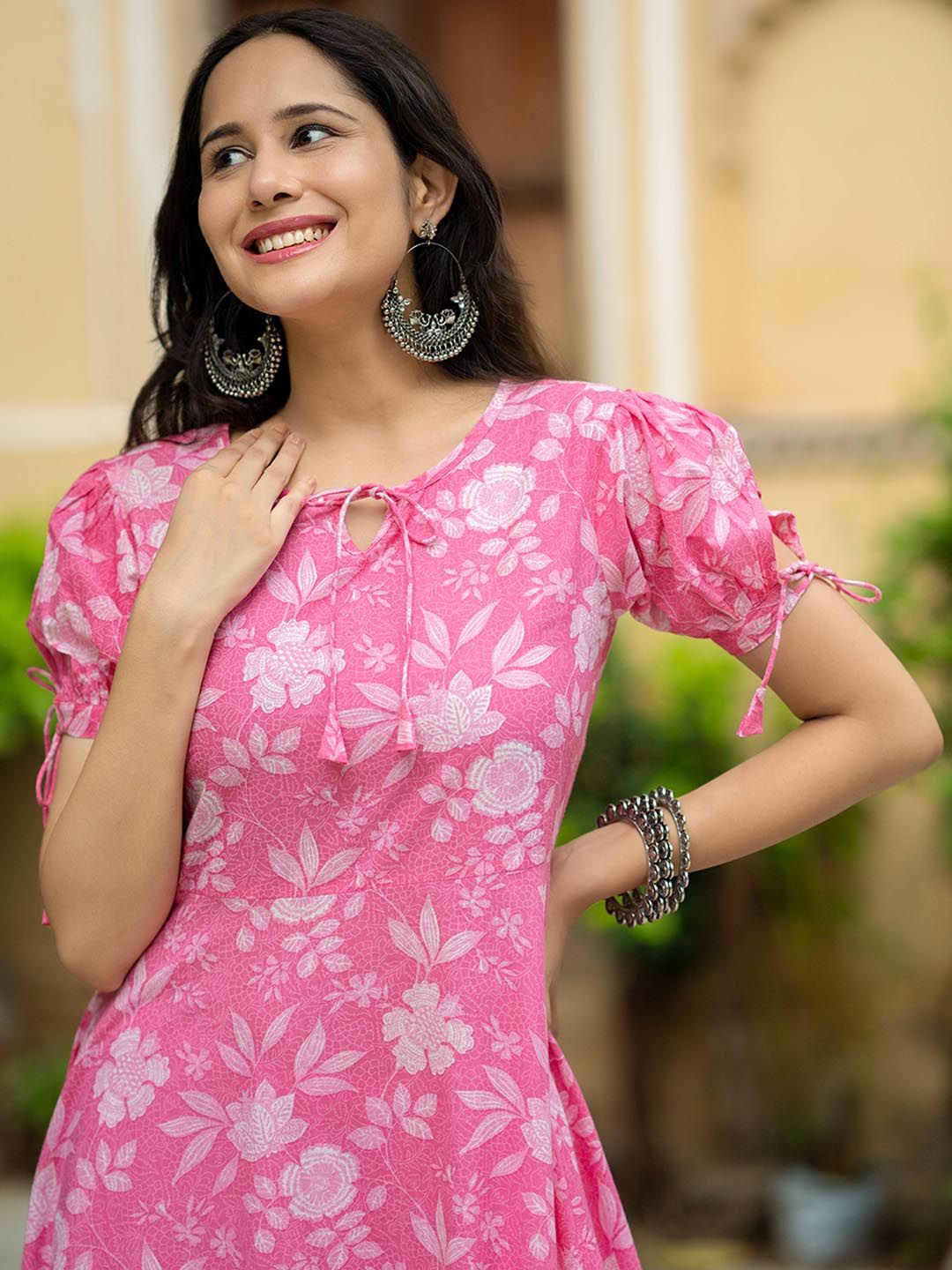 Buy GAYRAA Floral Printed Tie-Up Neck Cotton A-Line Dress