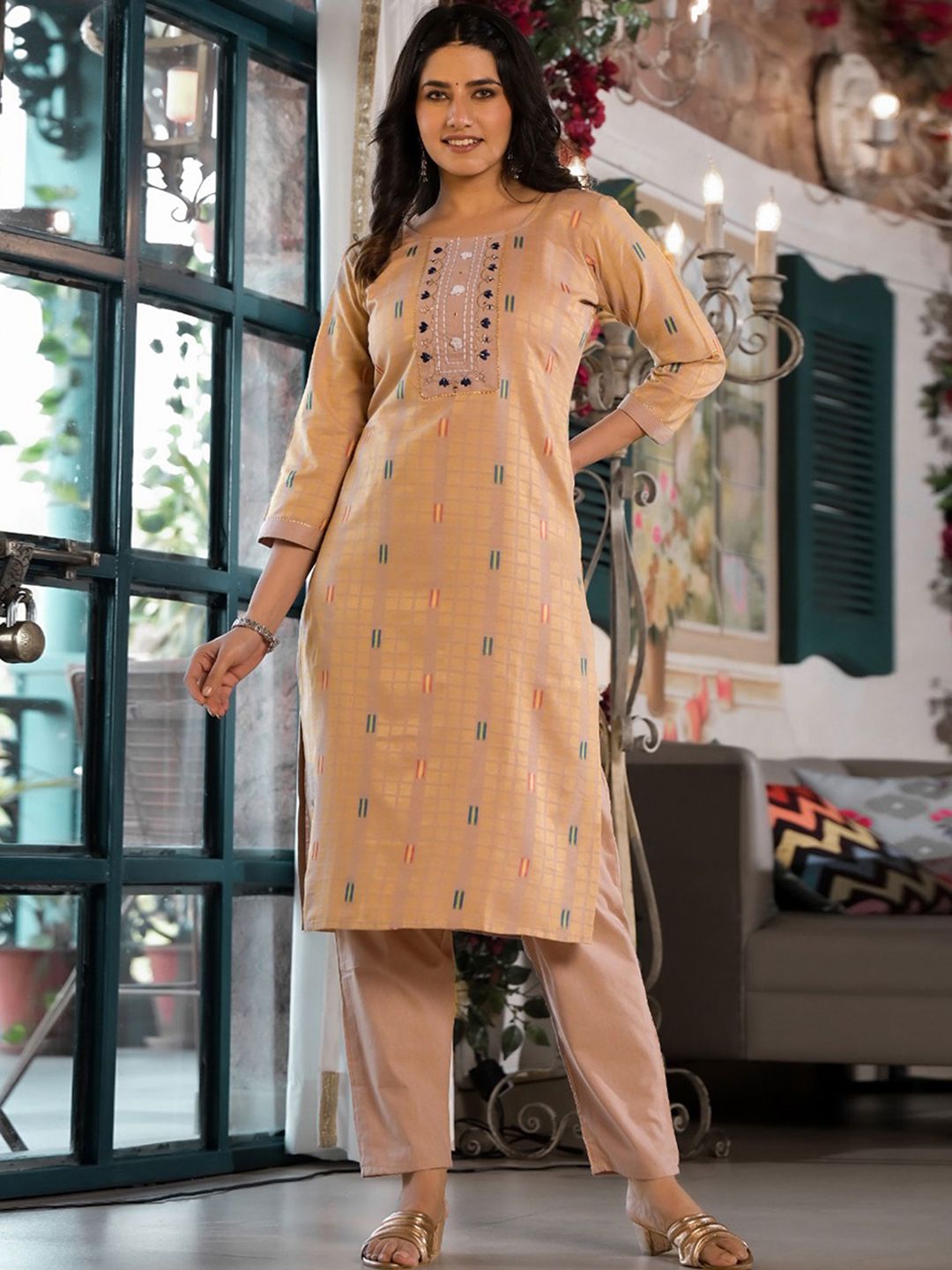 Peachmode Regular Printed Beads and Stones Pure Cotton Kurta with Trousers