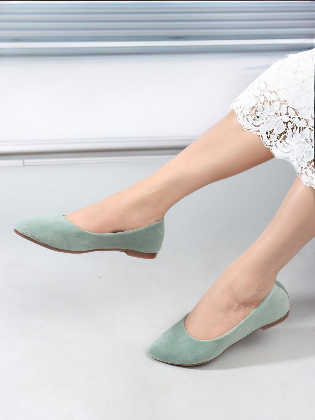 DressBerry Sea Green Velvet Ballerinas