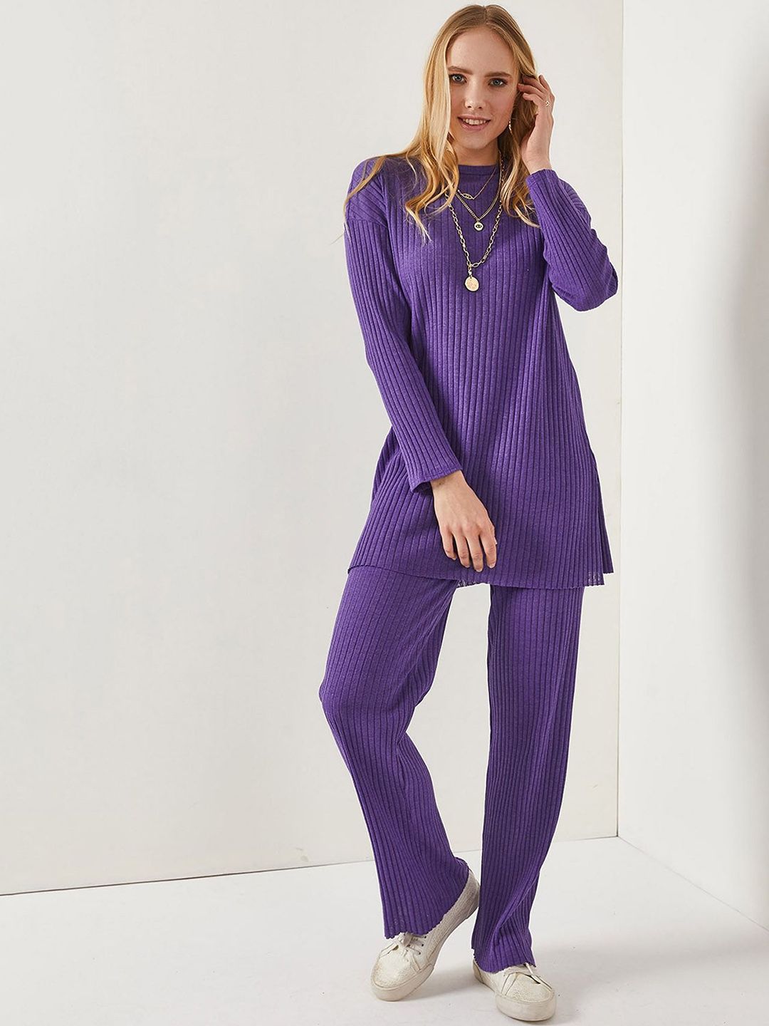 Olalook Ribbed Striped Round Neck Extended sleeves Tunic & Trousers Co-Ords