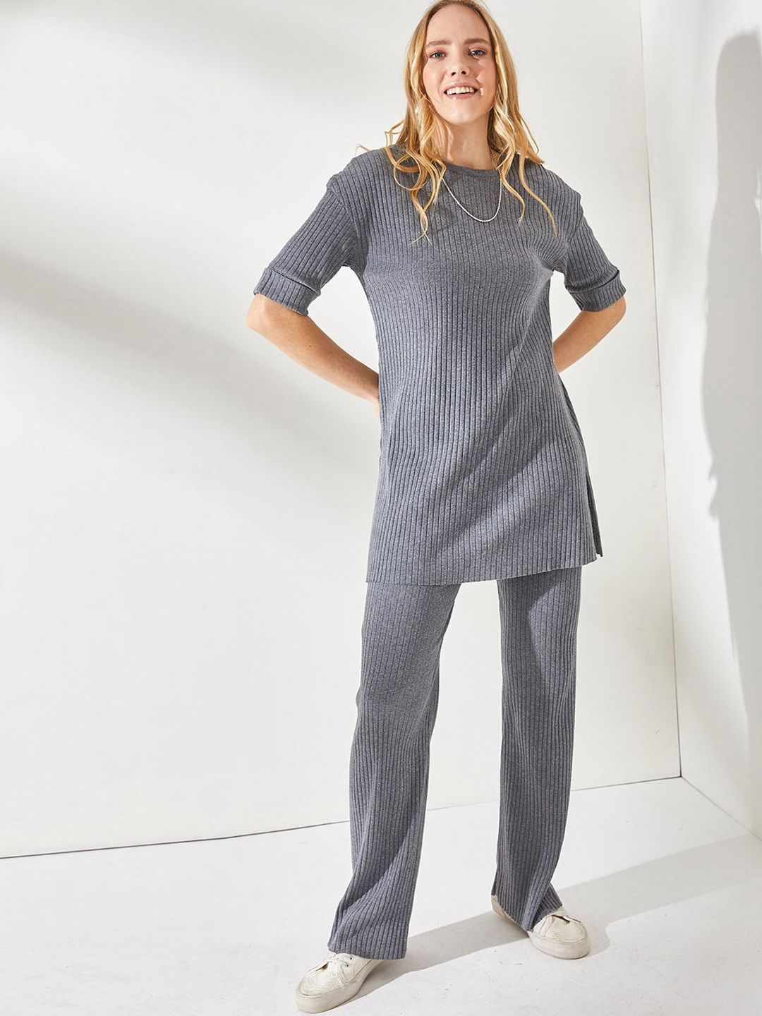 Olalook Ribbed Striped Round Neck Extended sleeves Tunic & Trousers Co-Ords