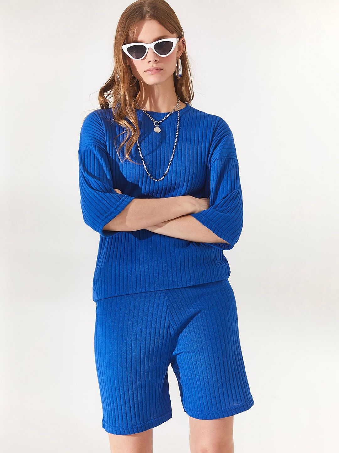Olalook Ribbed Striped Round Neck T-Shirt & Shorts Co-Ords
