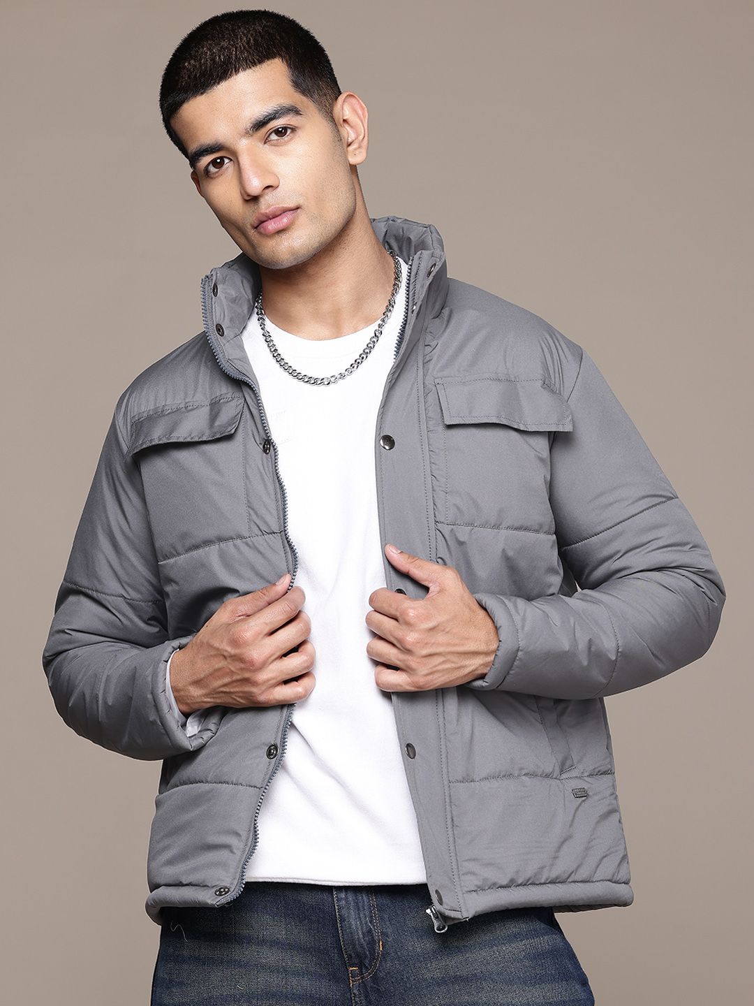 The Roadster Lifestyle Co. Solid Mock Collar Padded Jacket