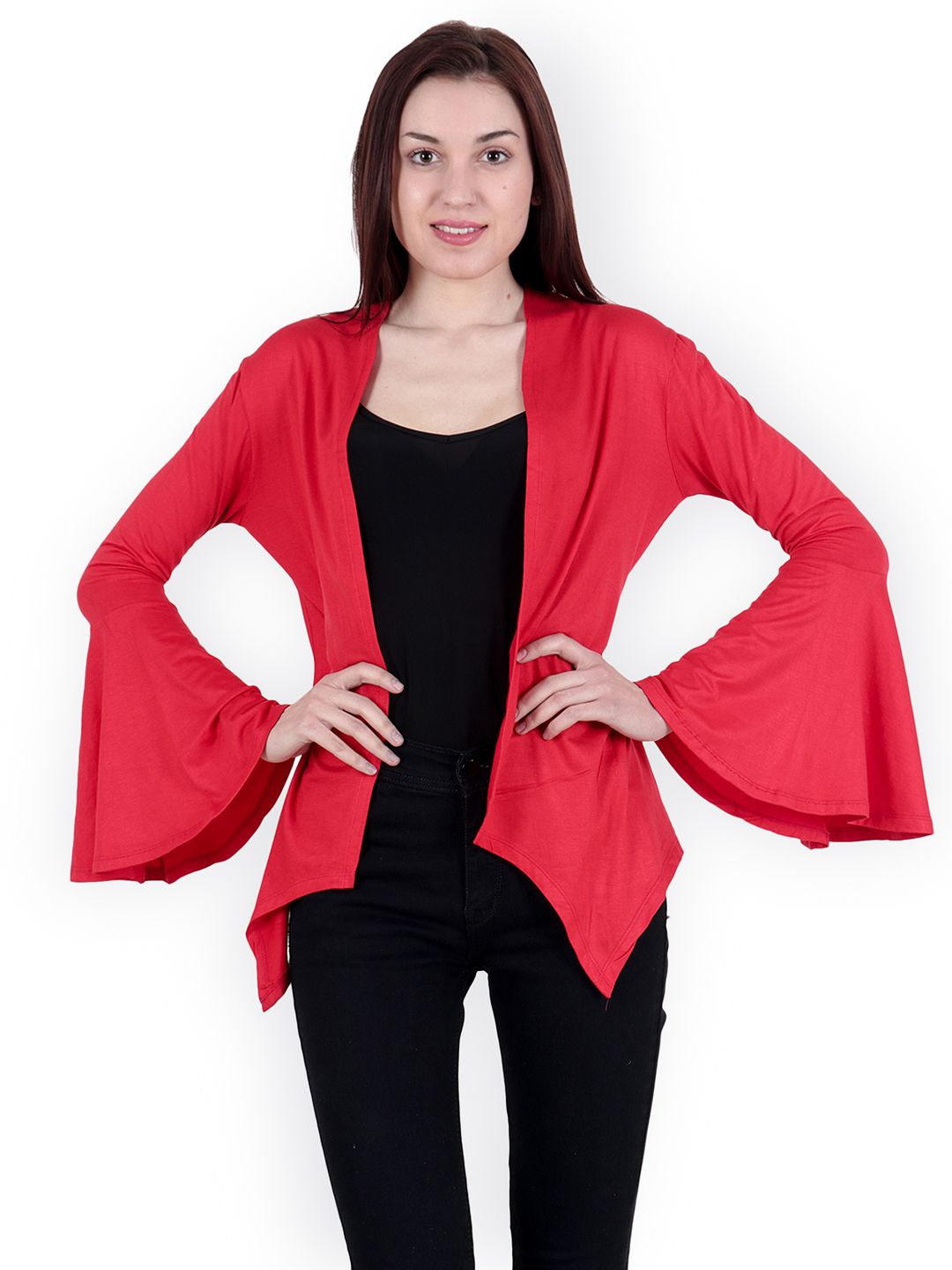 SCORPIUS Red Solid Open Front Shrug Price in India