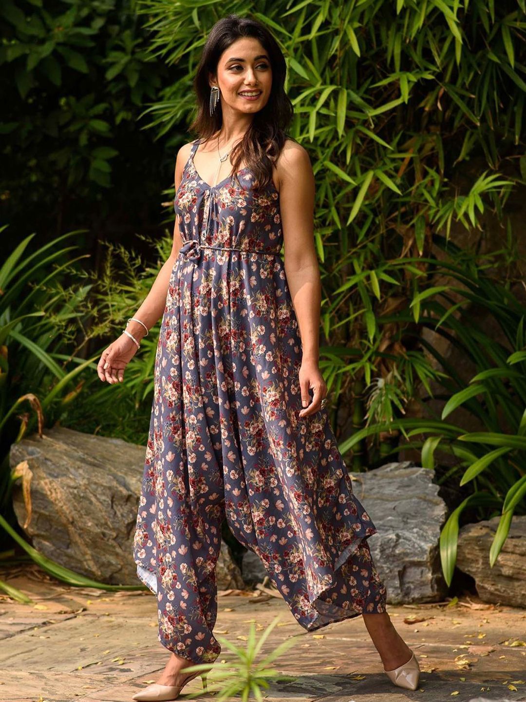 Pasha Printed Shoulder Straps Palazzo Jumpsuit
