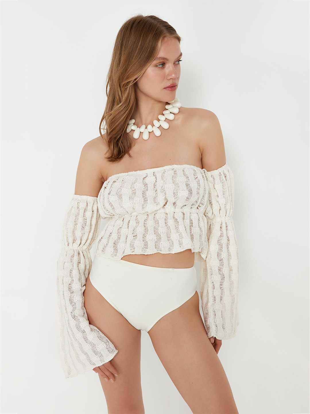 Trendyol Self Design Off-Shoulder Bardot Crop Top