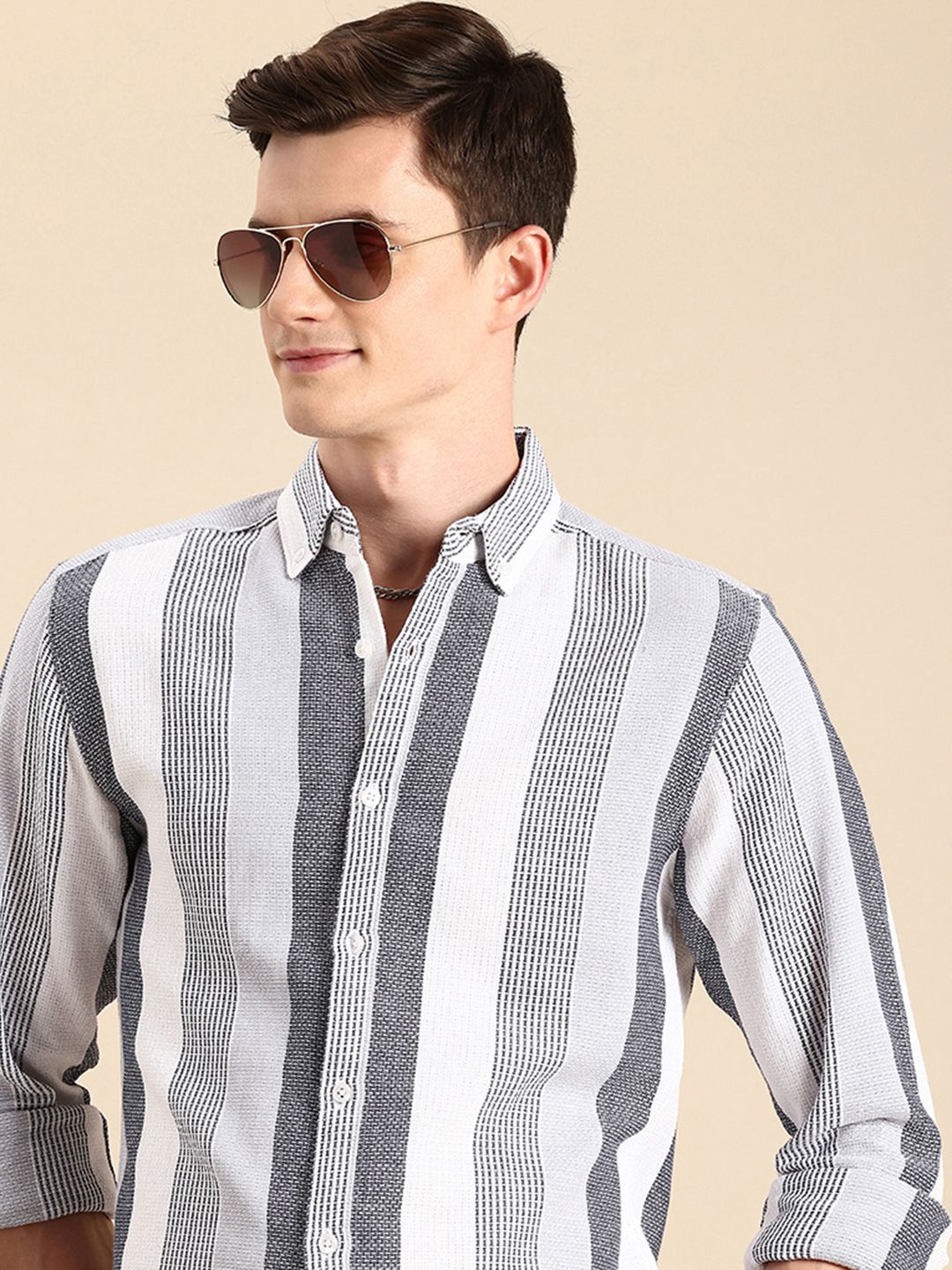 Mast & Harbour Cotton Self-Design Striped Knitted Casual Shirt