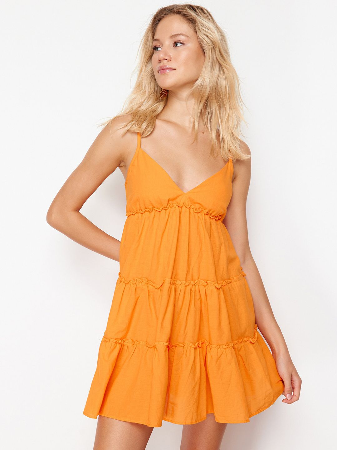 Trendyol Shoulder Straps Tiered Bow & Cut-Outs Detailing Pure Cotton Empire Mini Dress