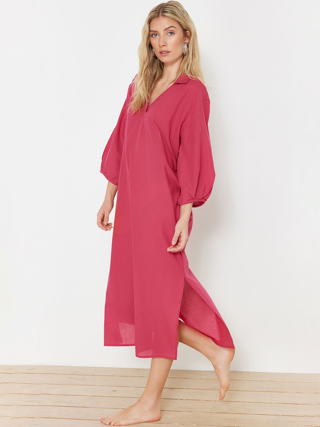 Trendyol Shirt Collar Puff Sleeves Pure Cotton A-Line Midi Dress