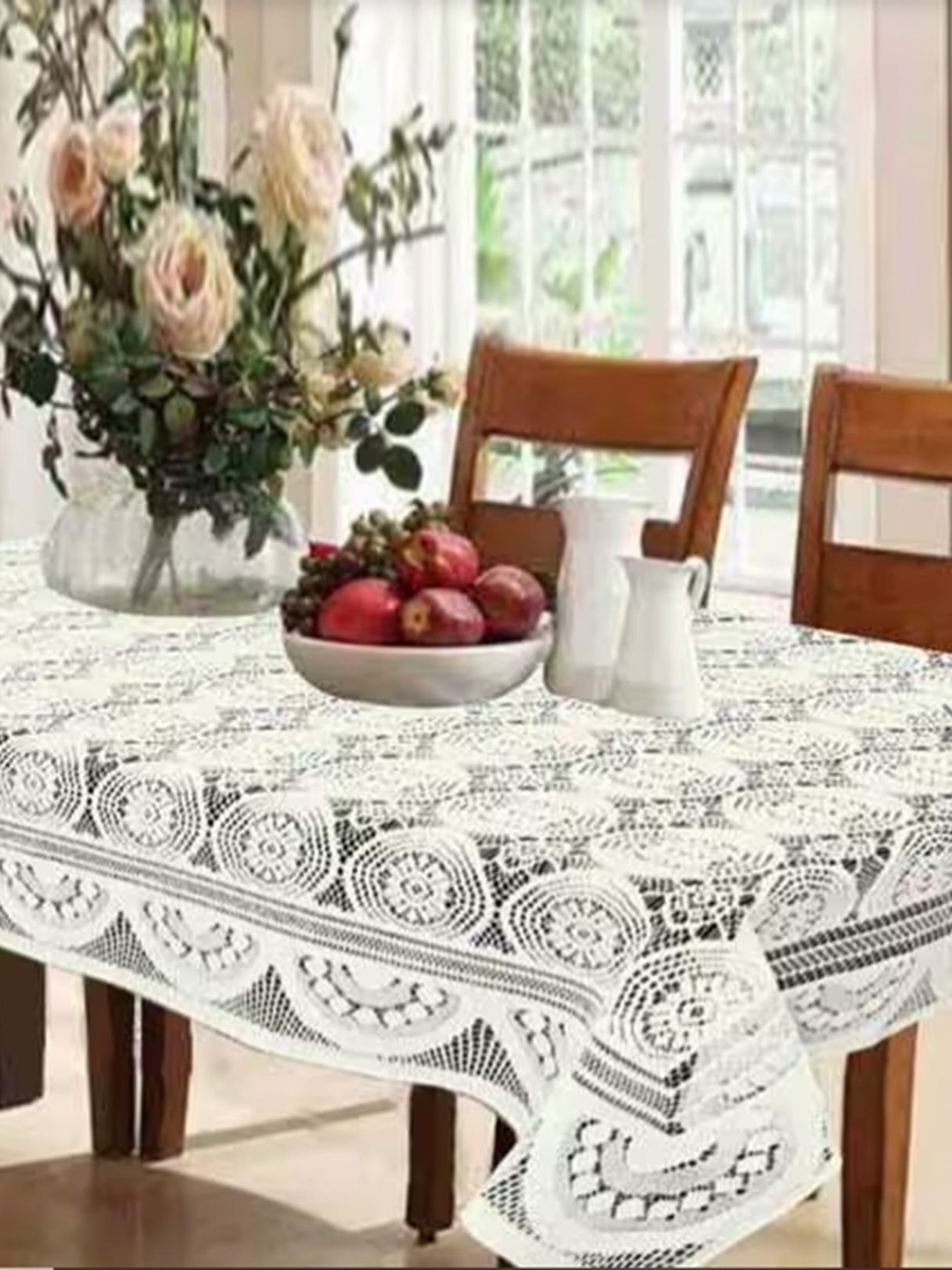 TANLOOMS Cream-Coloured Floral Cotton 6-Seater Table Cover with Embroidered details